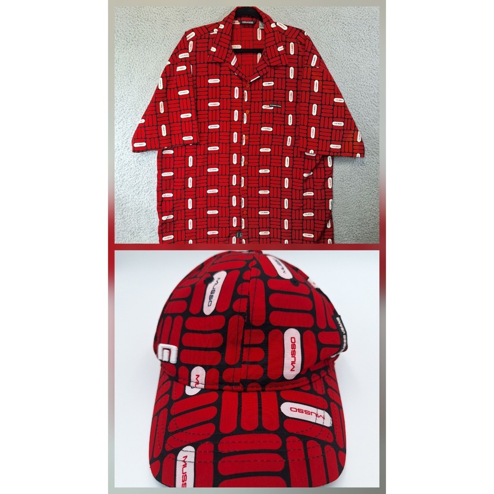 Musso Platinum Cap & Shirt Mens XL Red Patterned‎ Classic Fit Collared Button Up